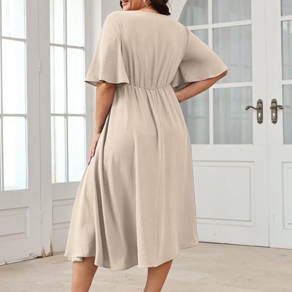 Women Plus Size Midi Dresses Wedding Guest Short Sleeve V Neck Tie Waist Casual - Picture 6 of 6